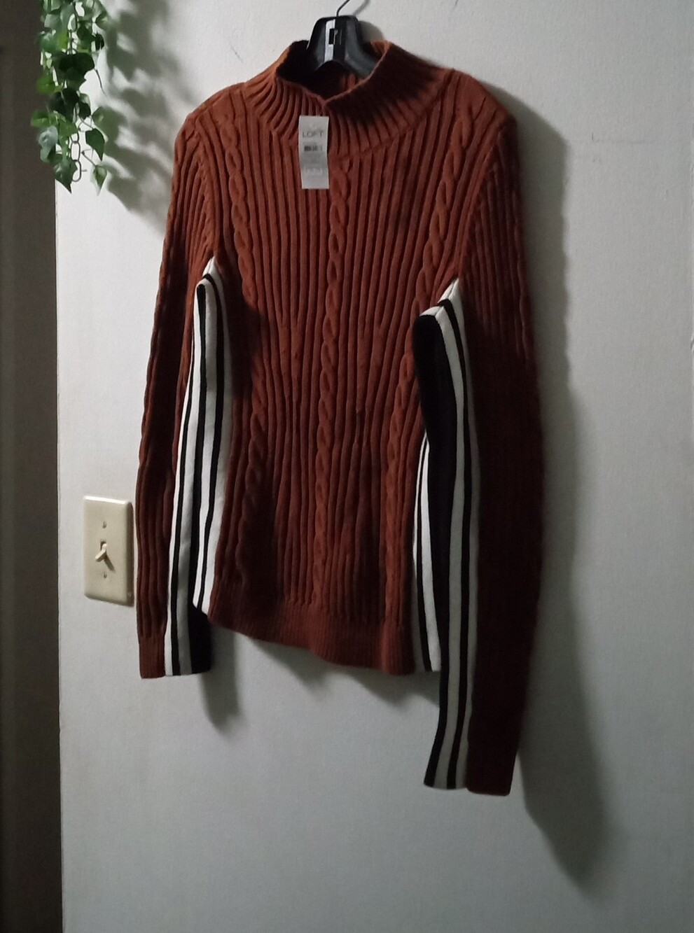 LOFT Rust Cable Knit Mock Neck Sweater with Black and White Stripe Sleeves New